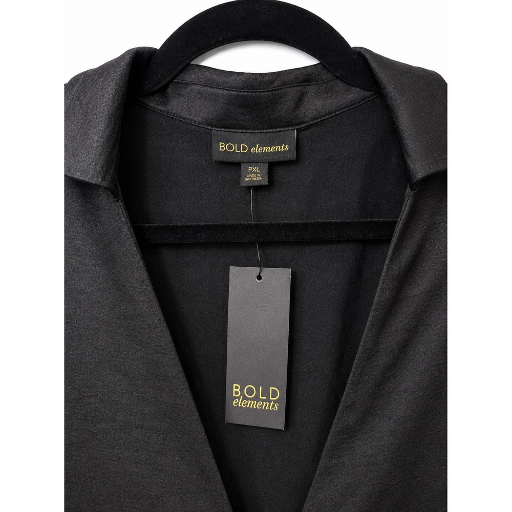 BOLD ELEMENTS Black Tie Front Top Notched V Neck Satin Blouse PXL NWT - Picture 3 of 4